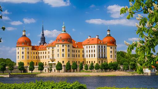Moritzburg castle at flowering time of chestnuts, Saxony, Germany.