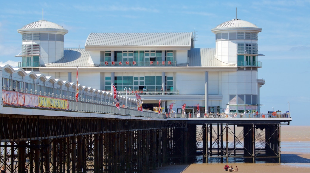 The Grand Pier som viser skiltning, en sandstrand og udsigt