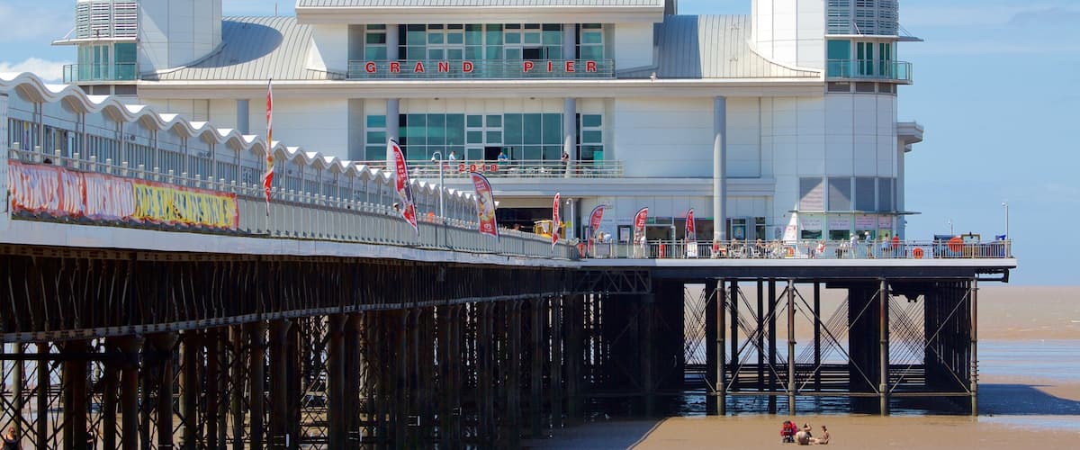 The Grand Pier showing views, a sandy beach and signage