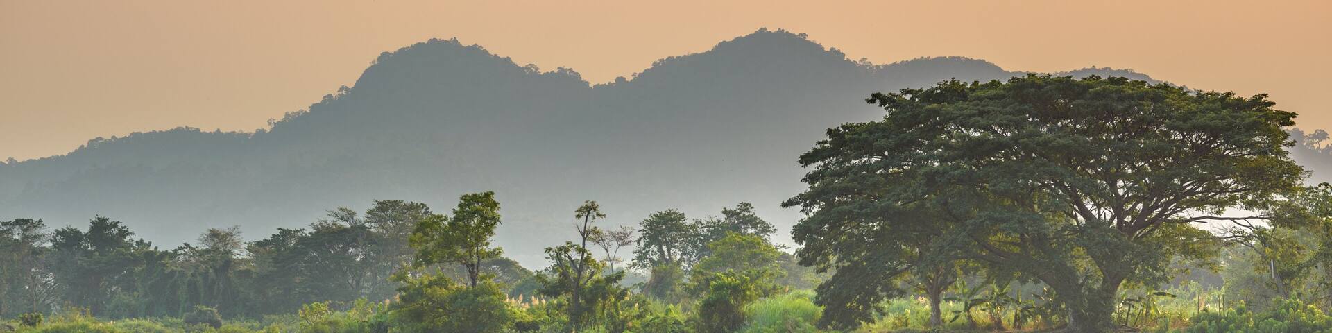 A river with surrounding greenery and distant mountains.
