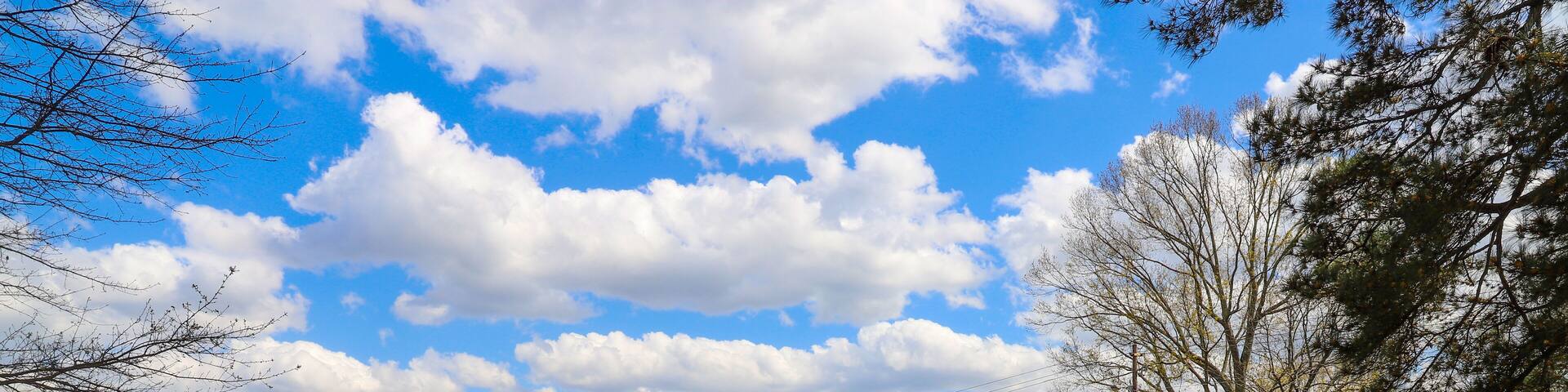 a metal and wooden rust colored bridge over a lake surrounded by lake water, green grass and lush green trees with powerful clouds and blue sky at Murphey Candler Park in Atlanta Georgia USA
