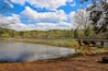 a metal and wooden rust colored bridge over a lake surrounded by lake water, green grass and lush green trees with powerful clouds and blue sky at Murphey Candler Park in Atlanta Georgia USA