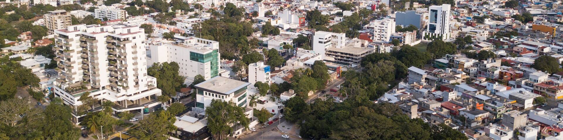 Afternoon aerial view of the skyline of downtown Villahermosa, Tabasco, Mexico.
