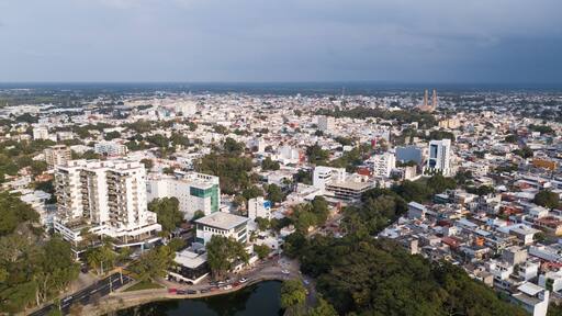 Afternoon aerial view of the skyline of downtown Villahermosa, Tabasco, Mexico.