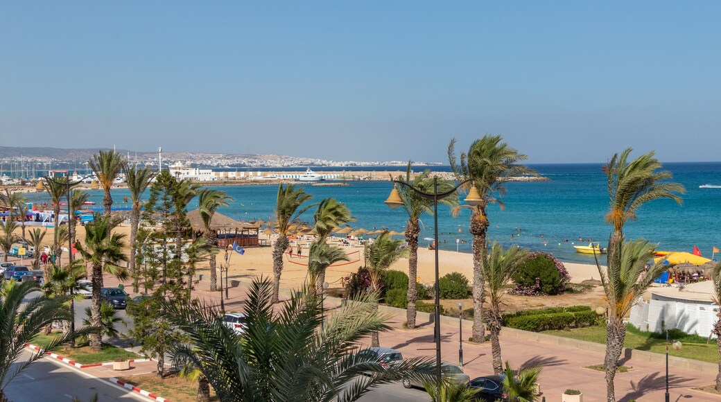 Yasmine Hammamet, TUNISIA - JULY 17 2018: A view from Tunisian hotel room on the beach and Mediterranean sea
