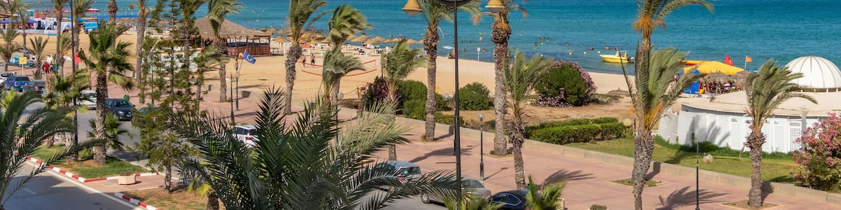 Yasmine Hammamet, TUNISIA - JULY 17 2018: A view from Tunisian hotel room on the beach and Mediterranean sea