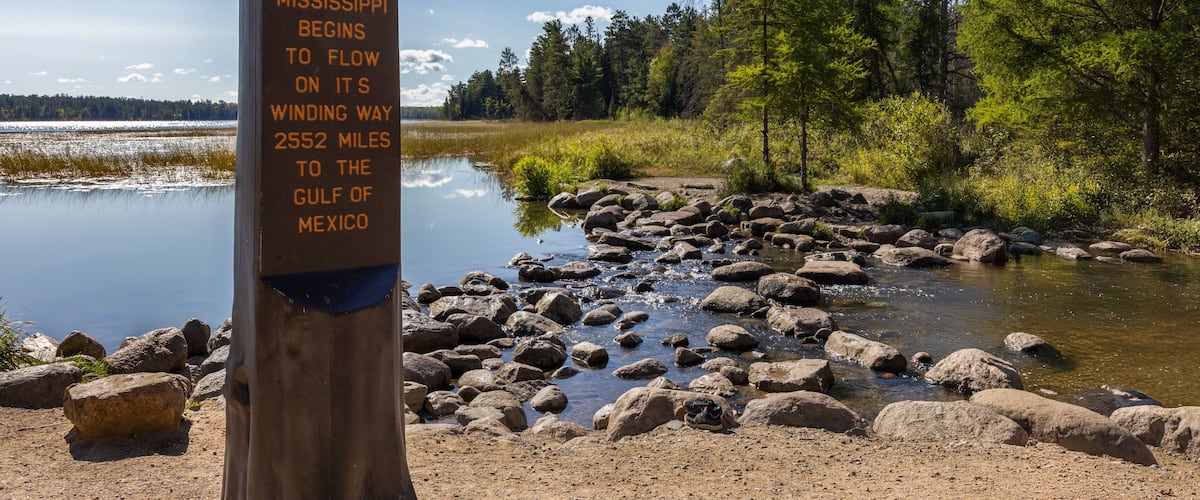Lake Itasca at Itasca State Park near Bemidji Minnesota is the headwaters of the Mississippi River