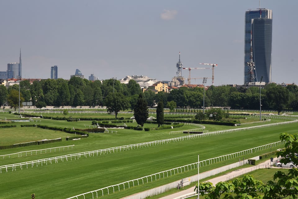 Un grand parc verdoyant, avec des clôtures blanches, des arbres et, en arrière-plan, le profil de la ville.