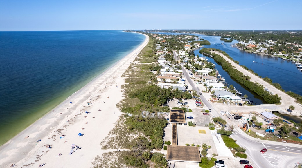 Aerial Drone Nokomis Beach. Gulf of Mexico on Casey Key in Nokomis Florida, United States. Red tide water.