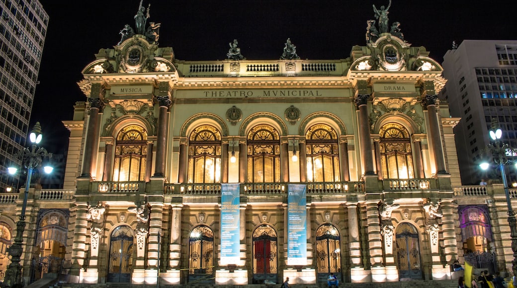 Sao Paulo, Brazil - April 20, 2017: Municipal theater of Sao Paulo at night. Built in 1903 and opened in 1911, with the opera Hamlet, of Ambrose Thomas,