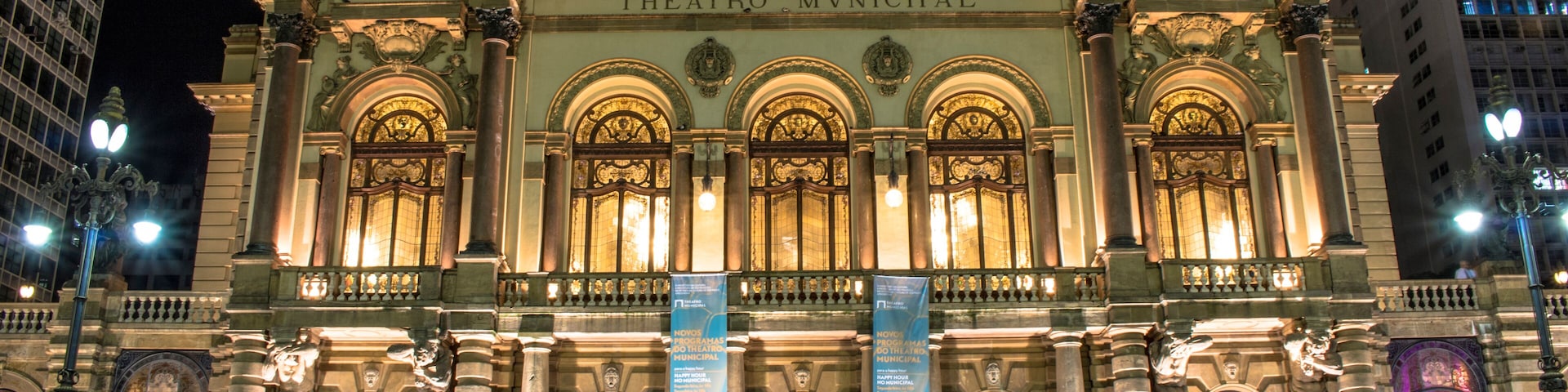 Sao Paulo, Brazil - April 20, 2017: Municipal theater of Sao Paulo at night. Built in 1903 and opened in 1911, with the opera Hamlet, of Ambrose Thomas,