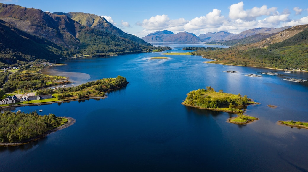 aerial view of loch linnhe in summer near duror and ballachulish and glencoe in the argyll region of the highlands of scotland showing blue water and green fertile coast line