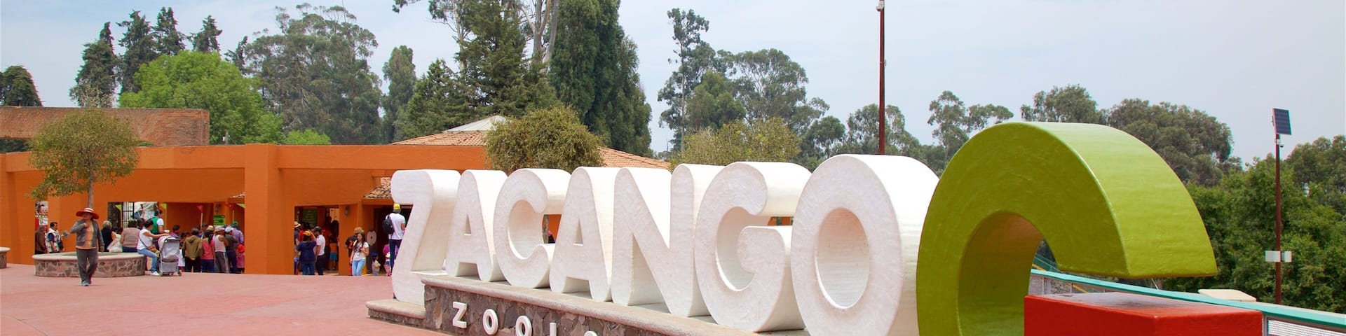 A large sign reading "ZACINGO Zoologico" with a red and green structure nearby.