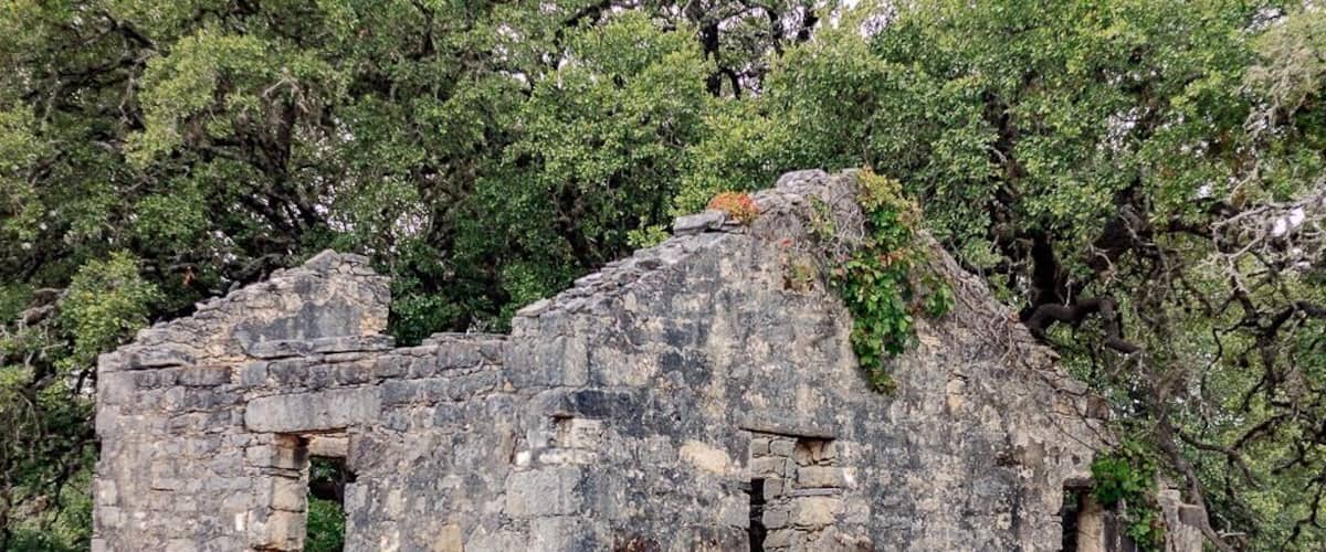 An ancient stone structure with visible openings and overgrown vegetation.
