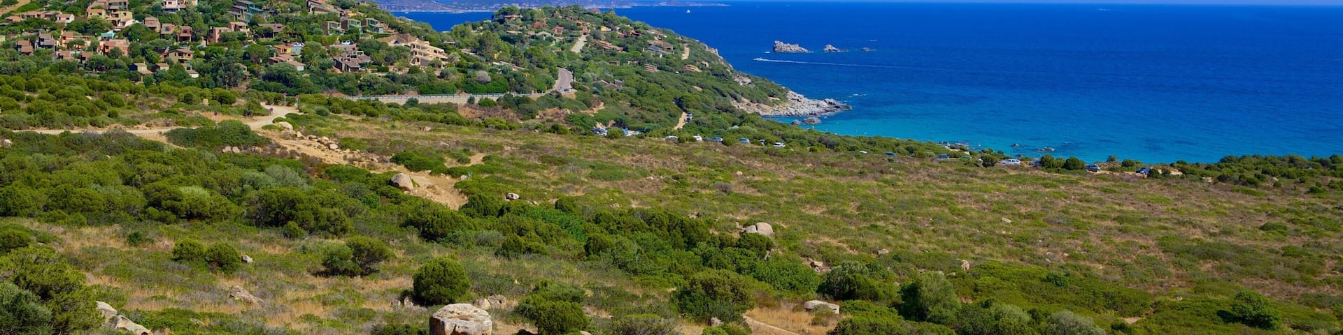 A coastal landscape with a clear blue sky, green hills, and a winding road leading to the sea.