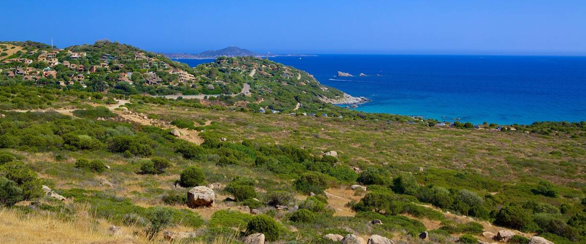 A coastal landscape with a clear blue sky, green hills, and a winding road leading to the sea.