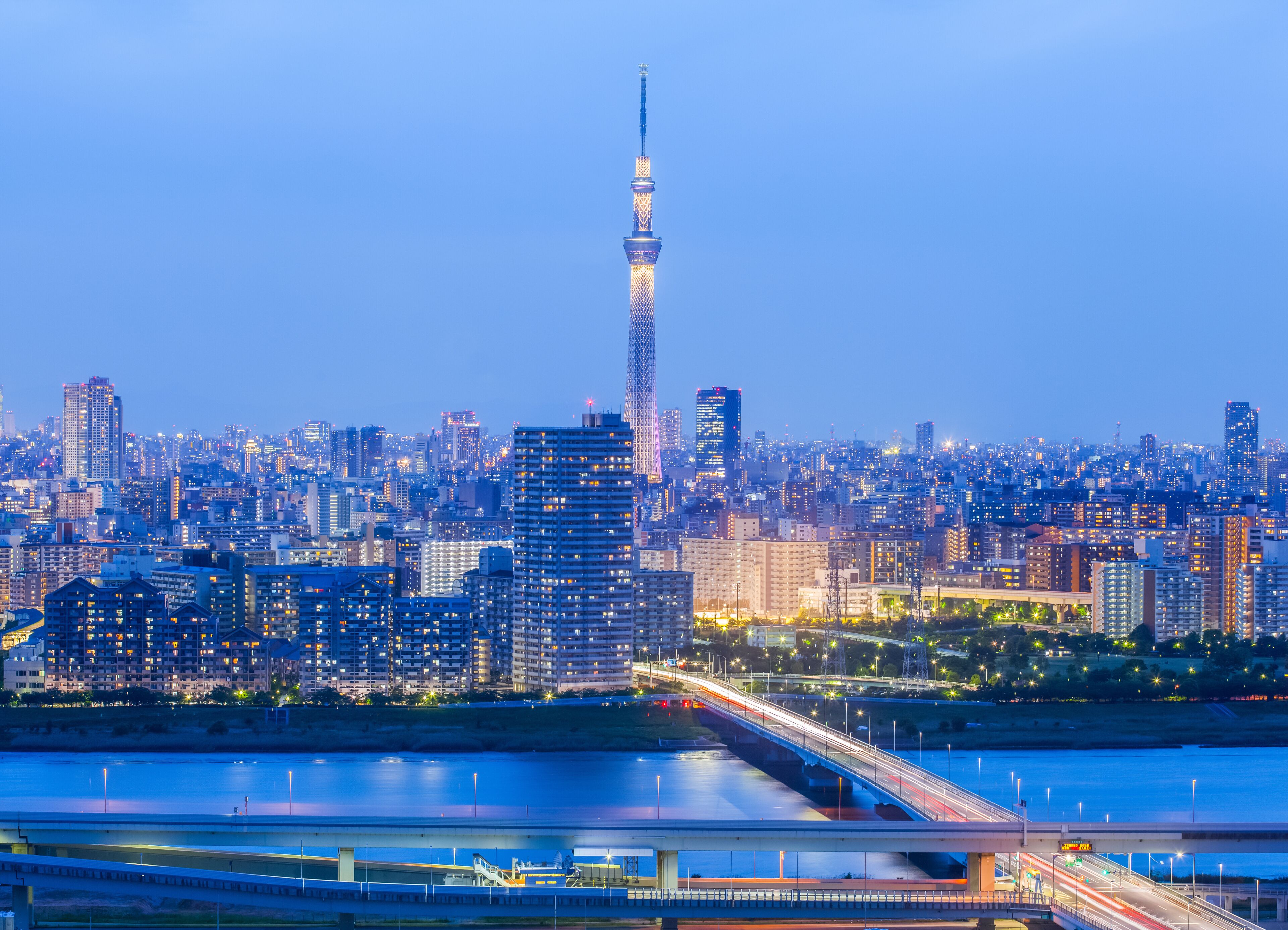 Tokyo city view with Tokyo sky tree and river in evening