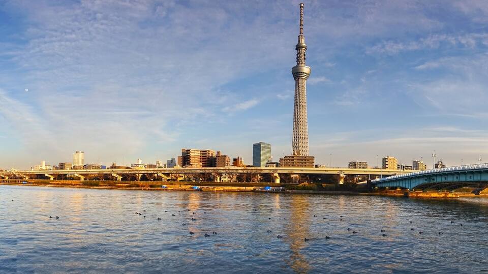 Um rio com uma ponte, uma torre alta e o horizonte da cidade.