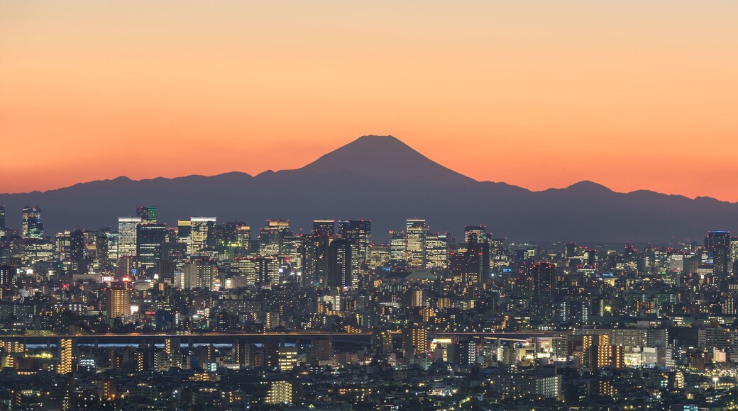 A cityscape at dusk with a prominent tower and a mountain in the background.