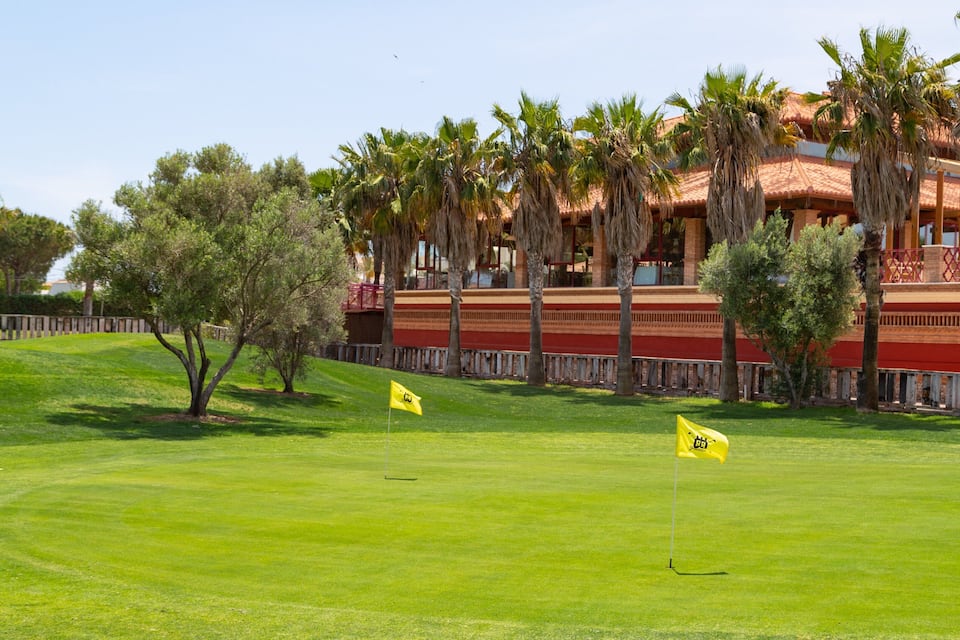 A golf course with two yellow flags, palm trees, and a building with a red roof.