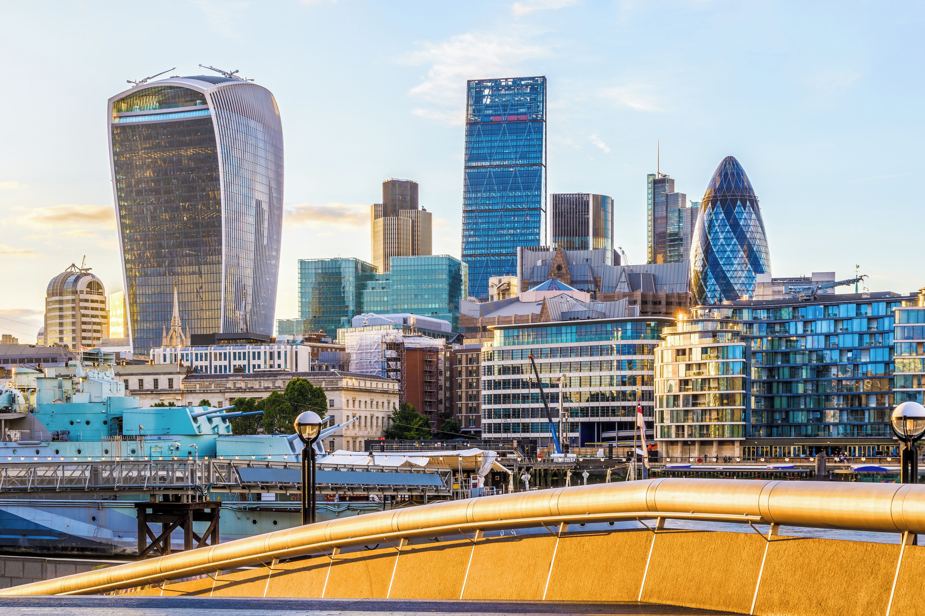 Financial district of London at Sunset including The Gherkin, Fenchurch building and Leadenhall building.