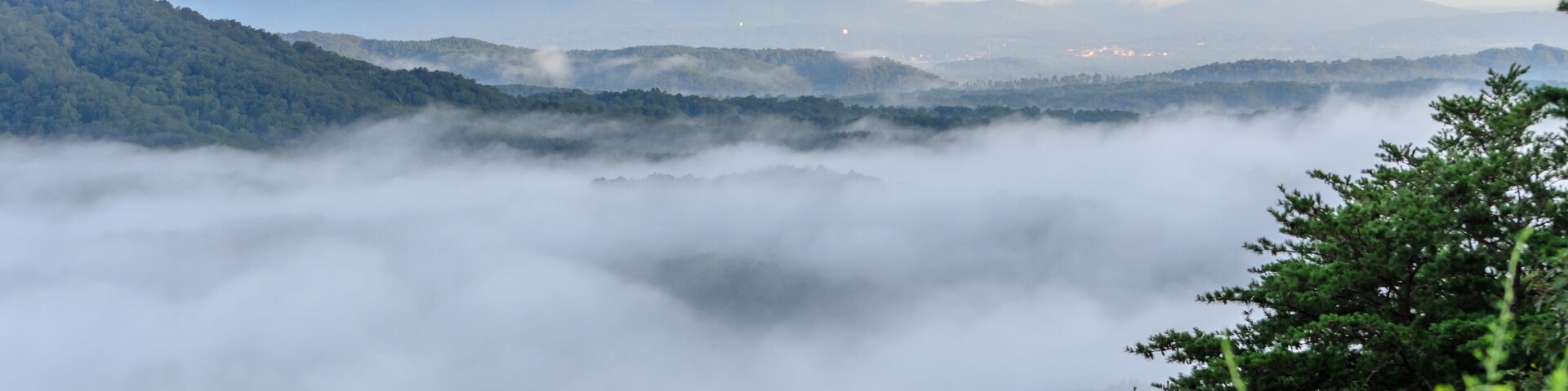 A valley with a blanket of clouds, forested hills, and distant mountains.