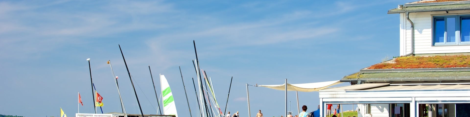 Cospudener Lake showing a lake or waterhole as well as a small group of people