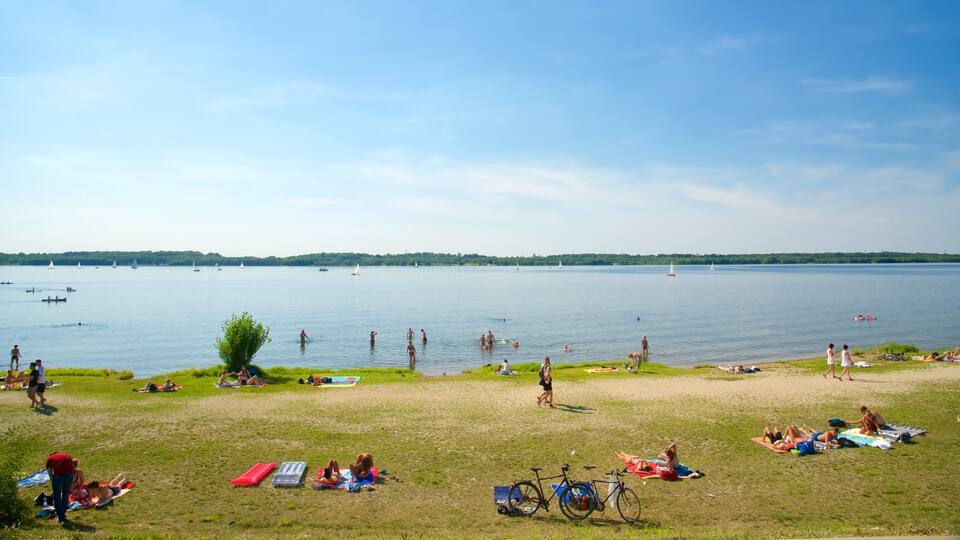 A lakeside beach with people sunbathing, swimming, and boating.