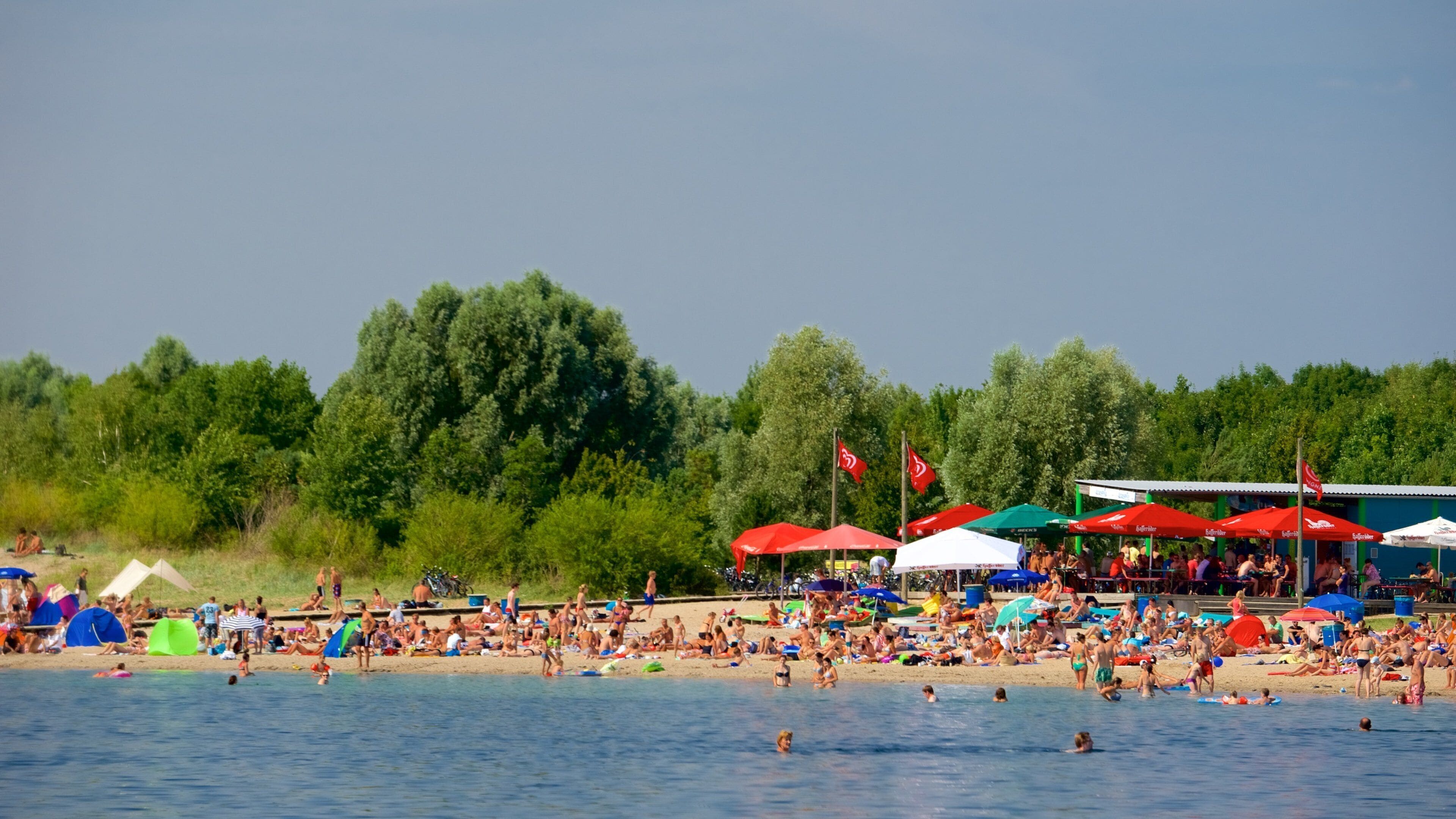 A crowded beach with people swimming and sunbathing, tents, and umbrellas.