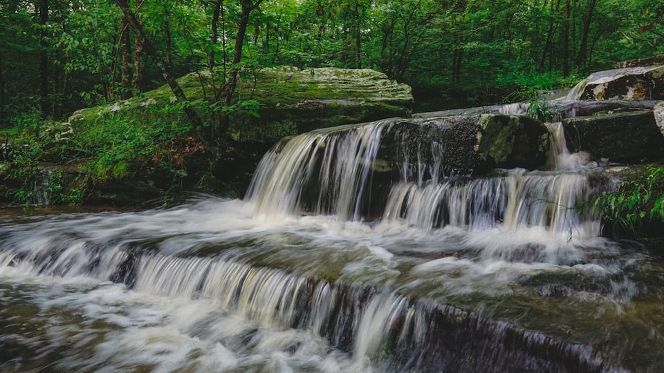 A waterfall cascading over rocks in a forested area.
