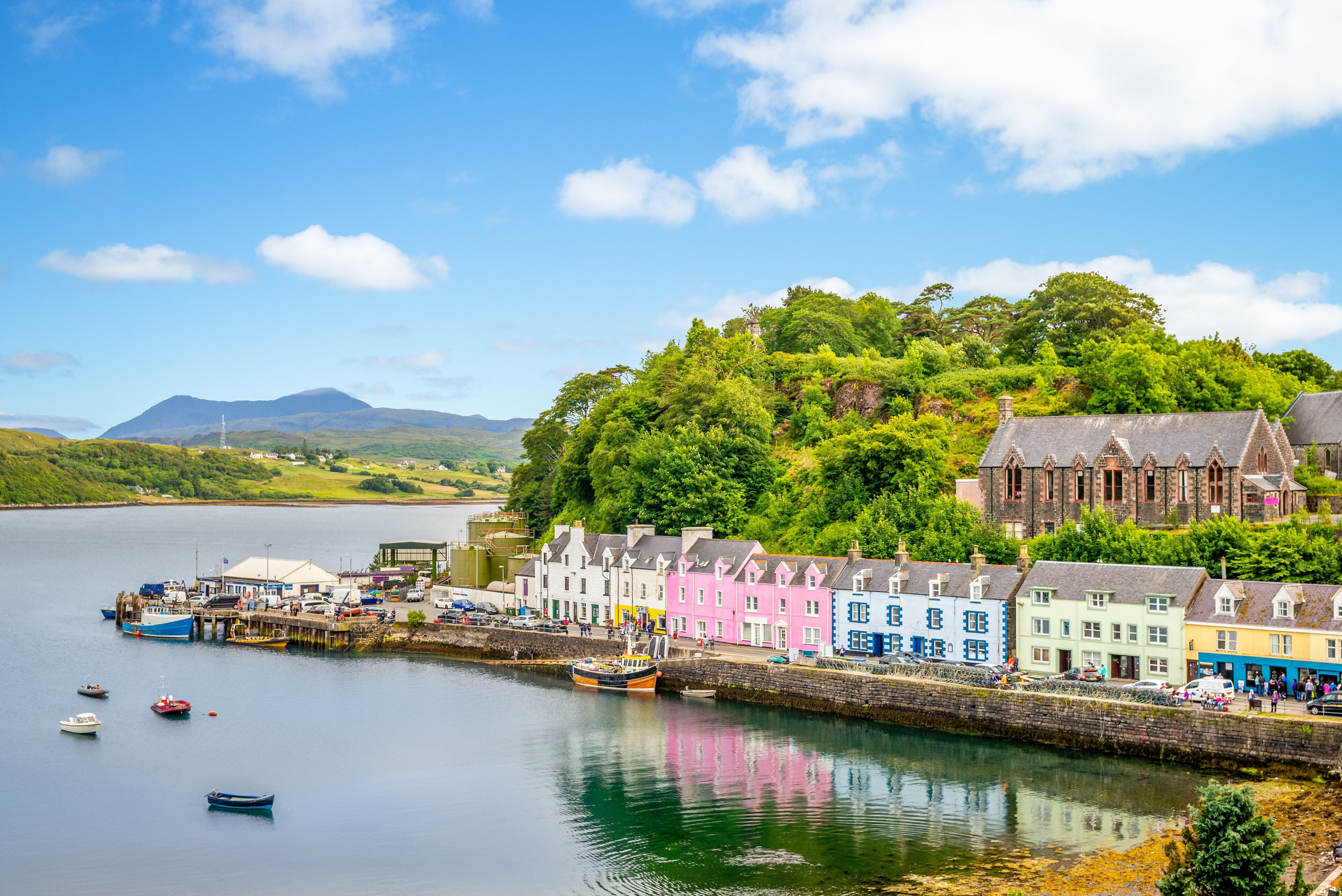 landscape of the Portree harbor in scotland, uk
