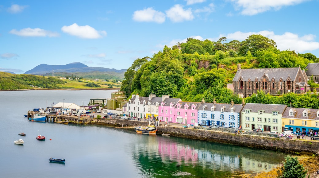 landscape of the Portree harbor in scotland, uk
