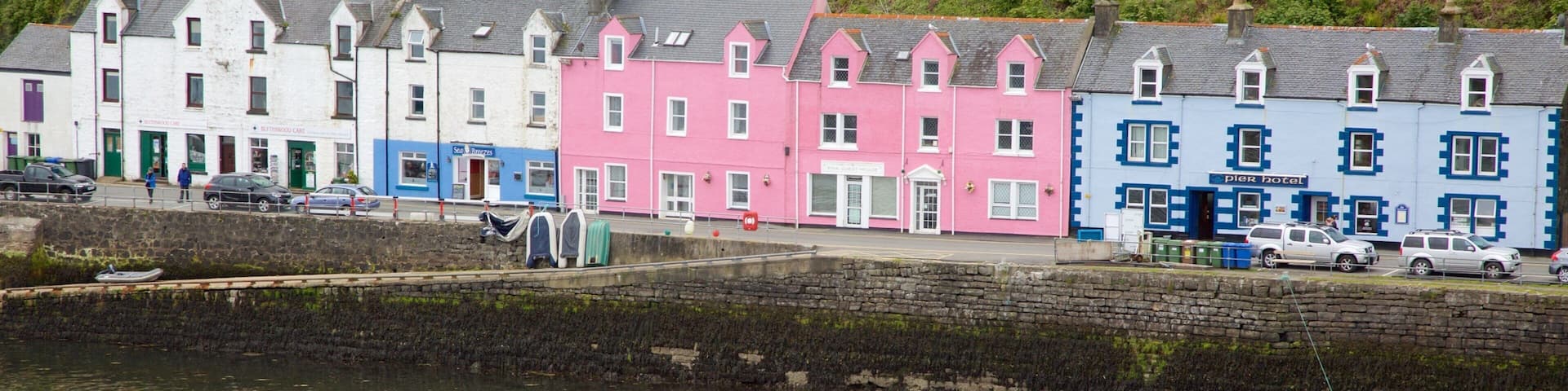 Portree Harbour featuring a bay or harbour and a coastal town
