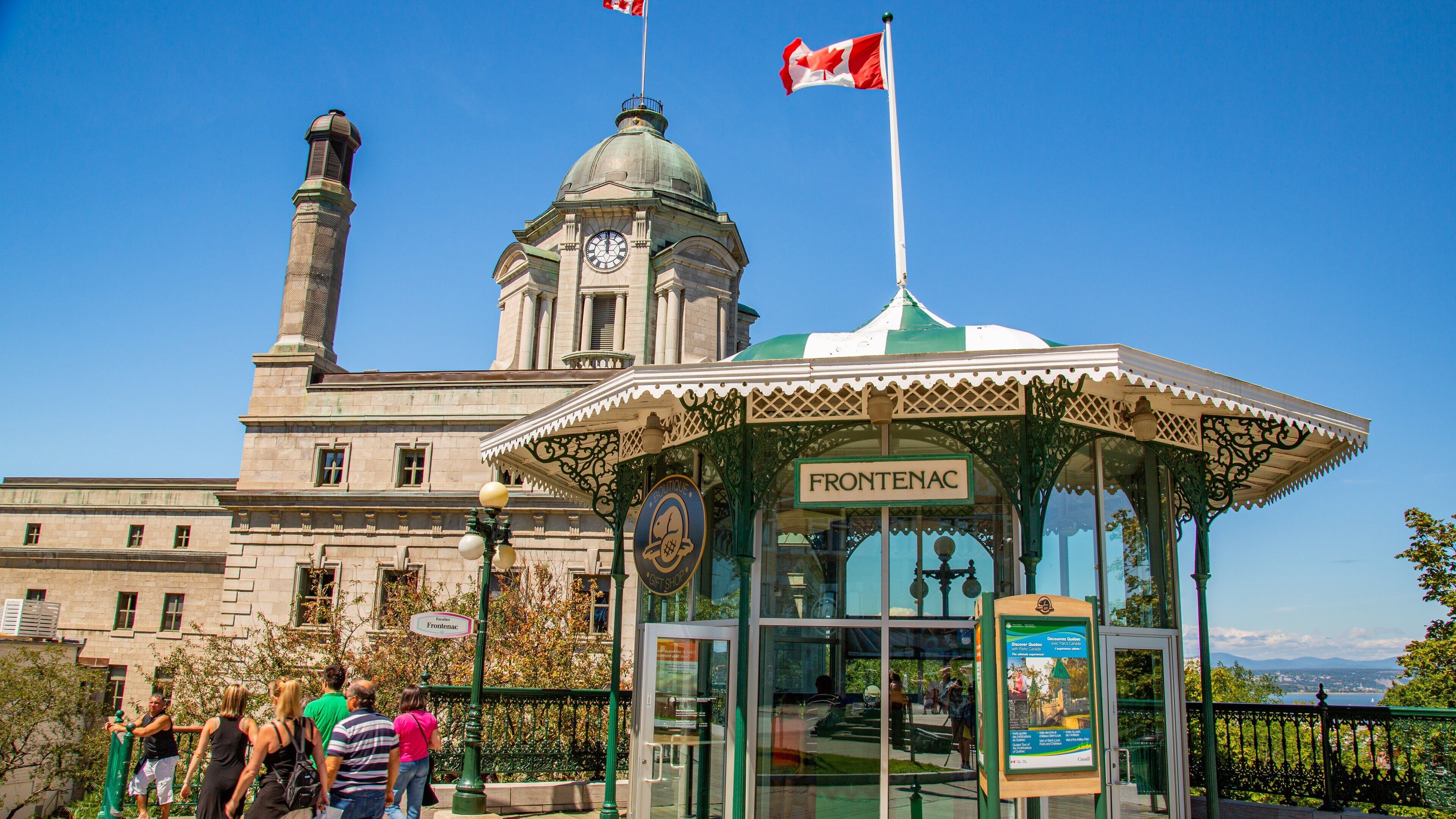 Parks Canada\'s Dufferin Terrace featuring signage and heritage elements
