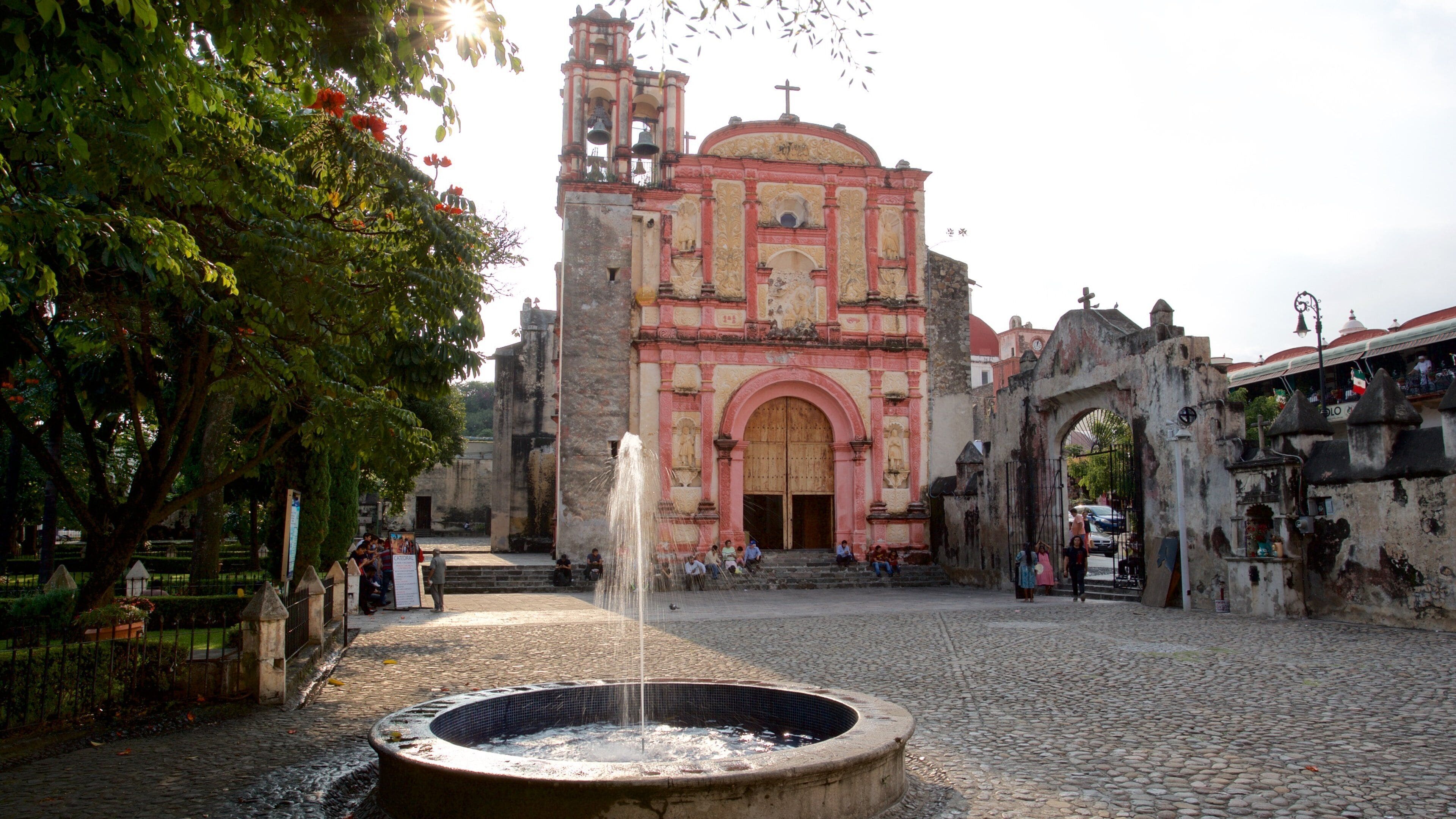 Central Cuernavaca featuring a fountain, heritage elements and a church or cathedral