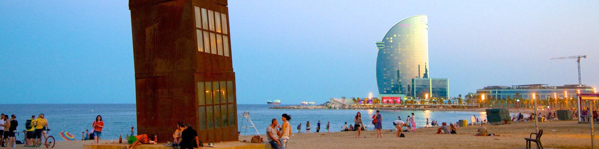 Barceloneta Beach showing modern architecture, a sandy beach and outdoor art