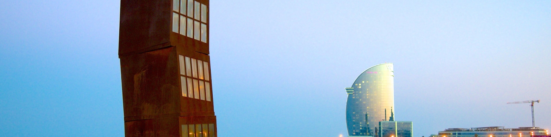 Barceloneta Beach showing modern architecture, a sandy beach and outdoor art