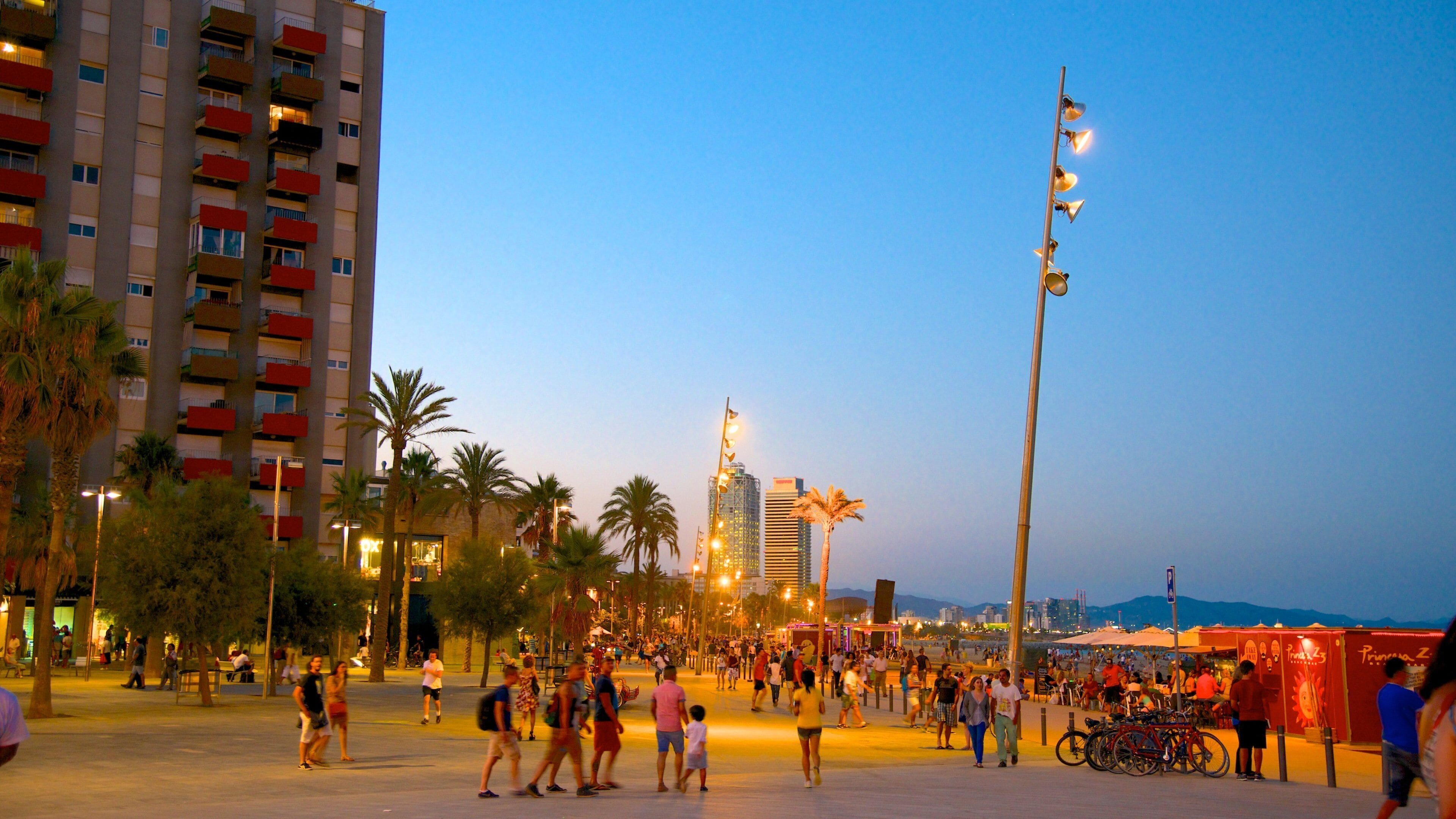 Playa de La Barceloneta mostrando una ciudad, imágenes de calles y escenas de noche