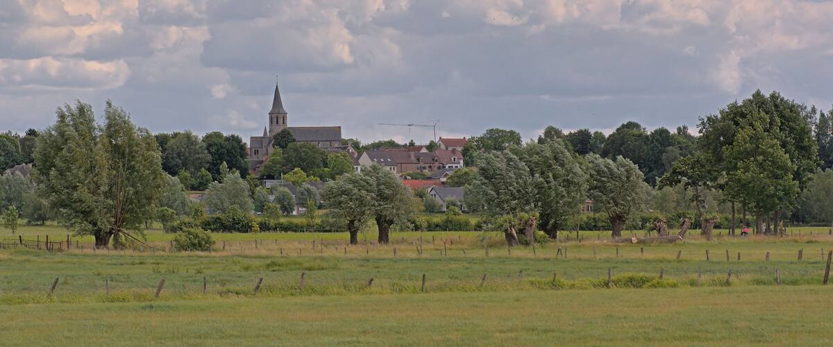 A rural landscape with a church, trees, and houses.