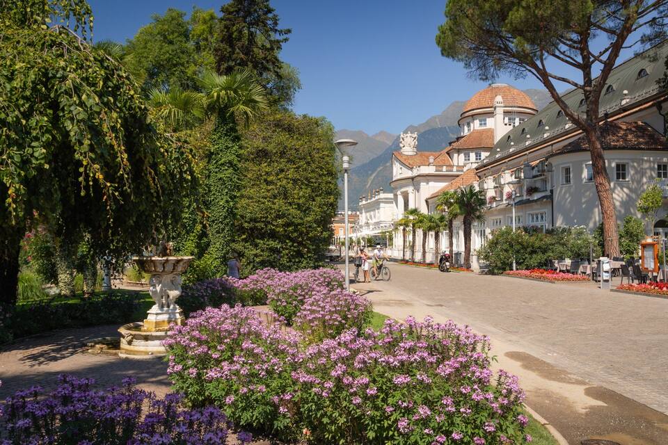 A street lined with buildings, a fountain, and flowering bushes.