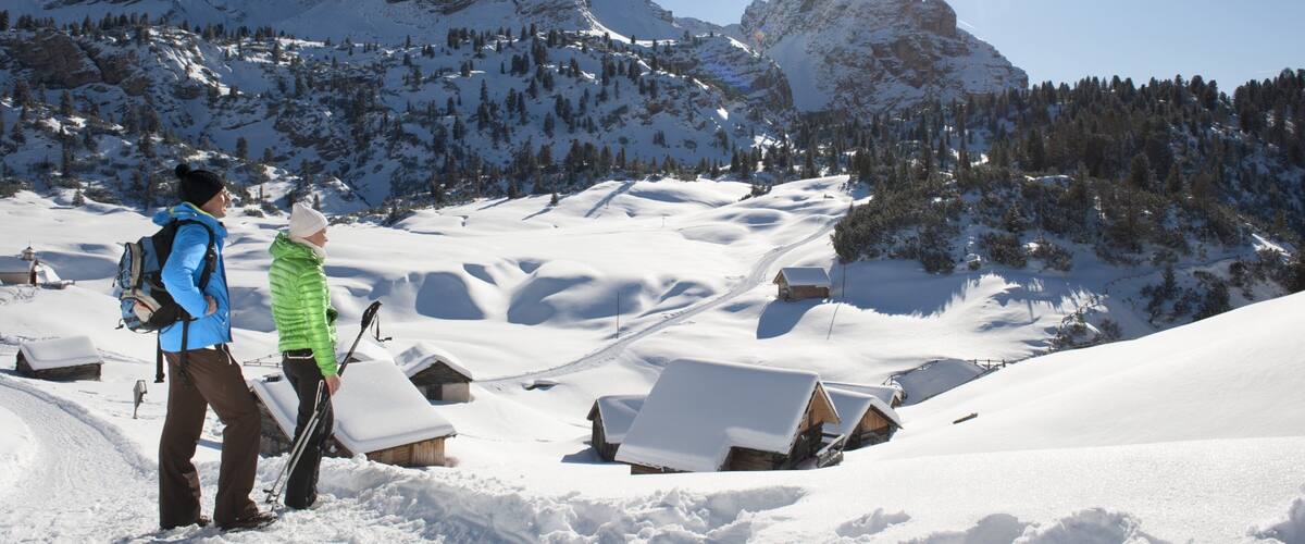 Comprensorio sciistico di Kronplatz che include montagna e neve cosi come un piccolo gruppo di persone