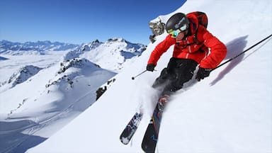 A skier in a red jacket skiing down a snowy mountain slope.