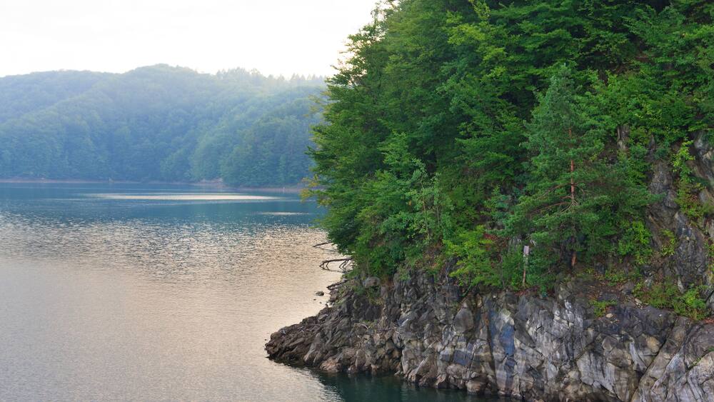Lake and hill and cliff with Forest in Solina, Polanczyk, Poland, Europe.; Shutterstock ID 210847567