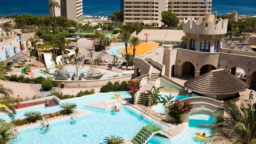 View over Faliraki Water Park, the biggest in Europe, Faliraki, Rhodes, Greece