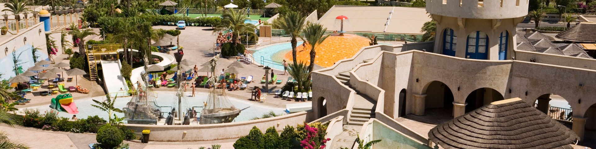 View over Faliraki Water Park, the biggest in Europe, Faliraki, Rhodes, Greece