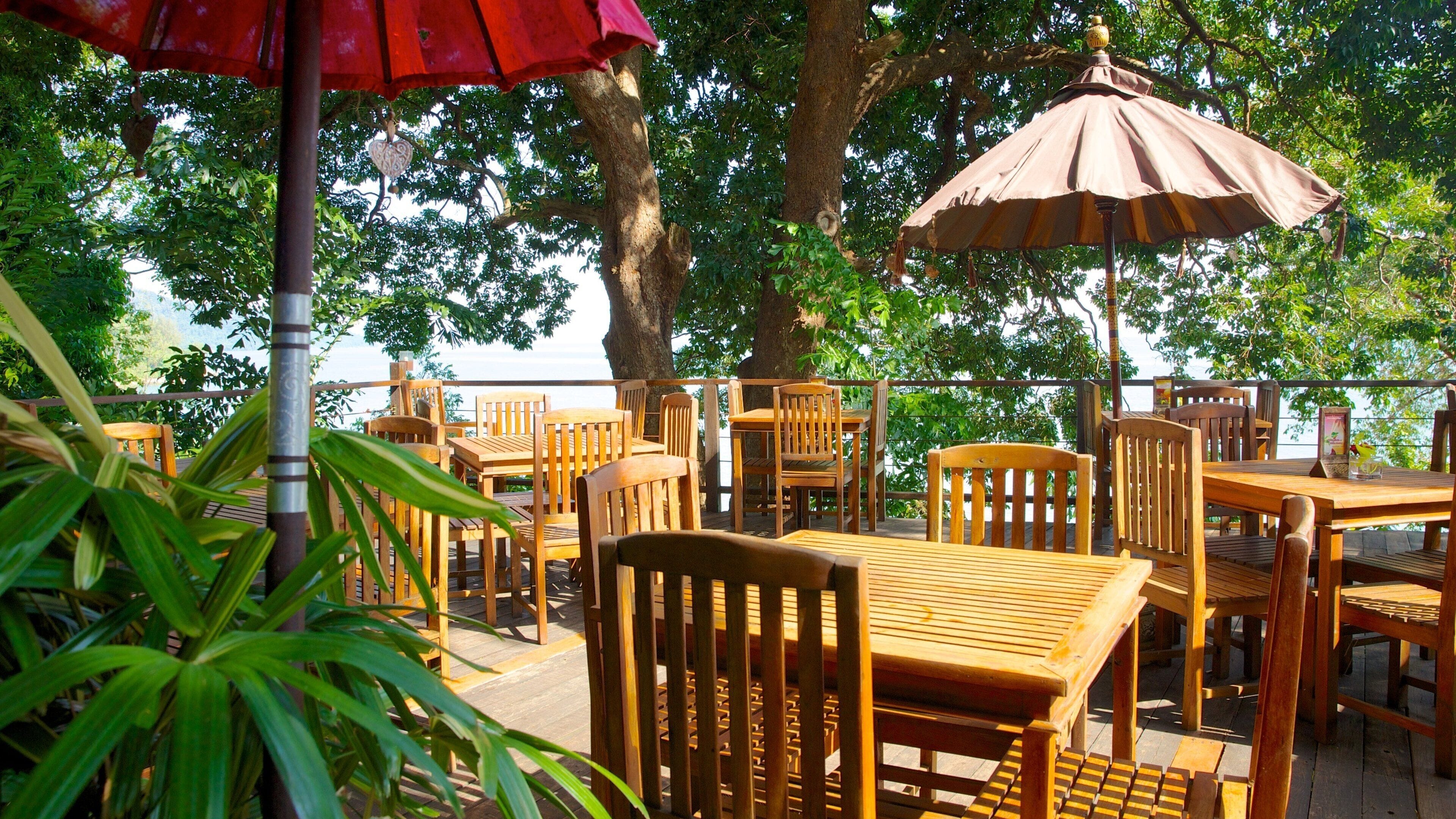 Tropical Spice Garden showing cafe lifestyle, a garden and views