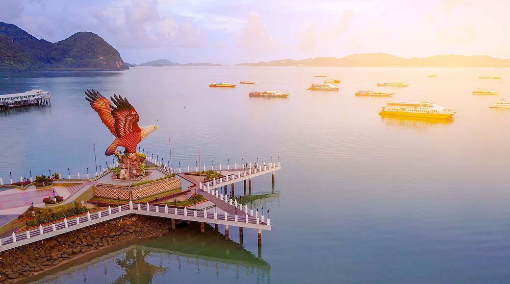Aerial view of public Eagle statue, the symbol of Langkawi island, Malaysia.