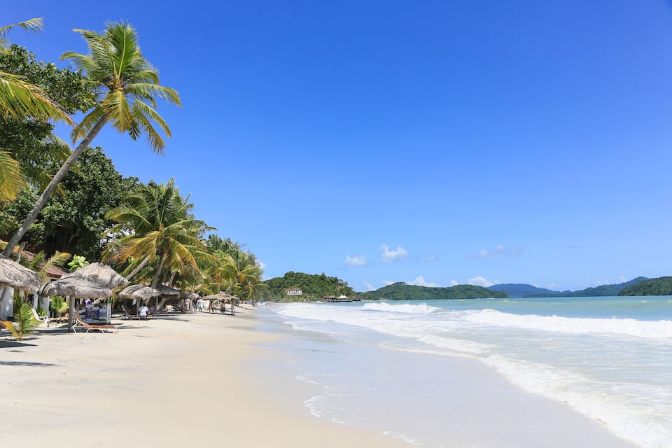 A beach with palm trees, thatched-roof huts, and a clear blue sky.