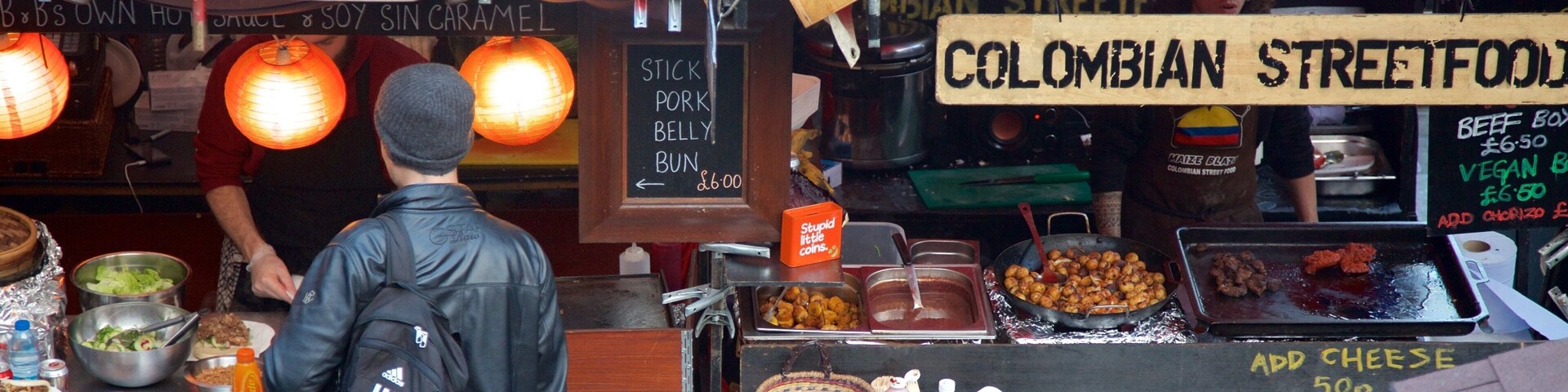 Camden Markets which includes food, signage and markets