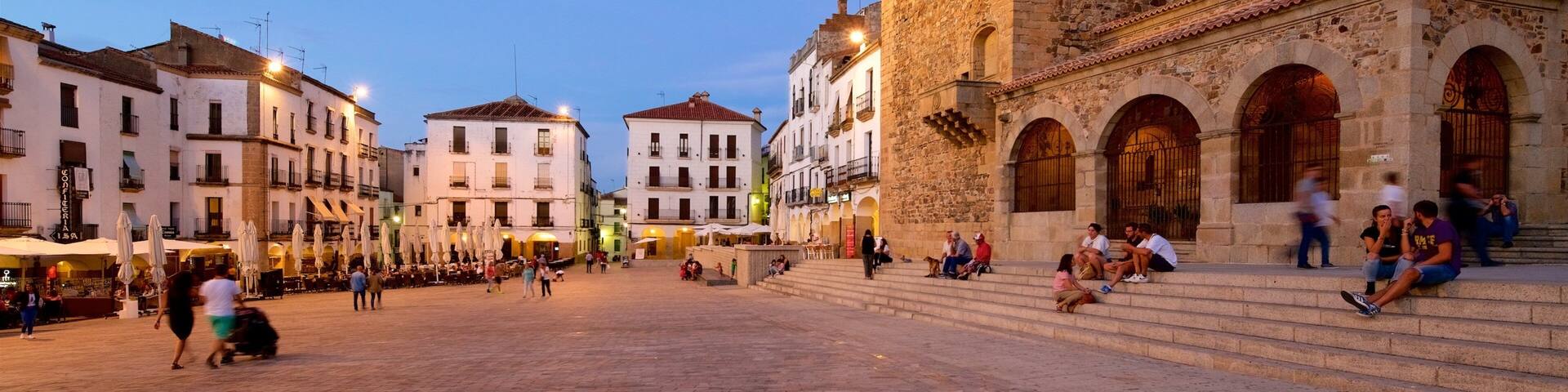 A historic square with a prominent medieval tower, surrounded by traditional buildings and a paved plaza.